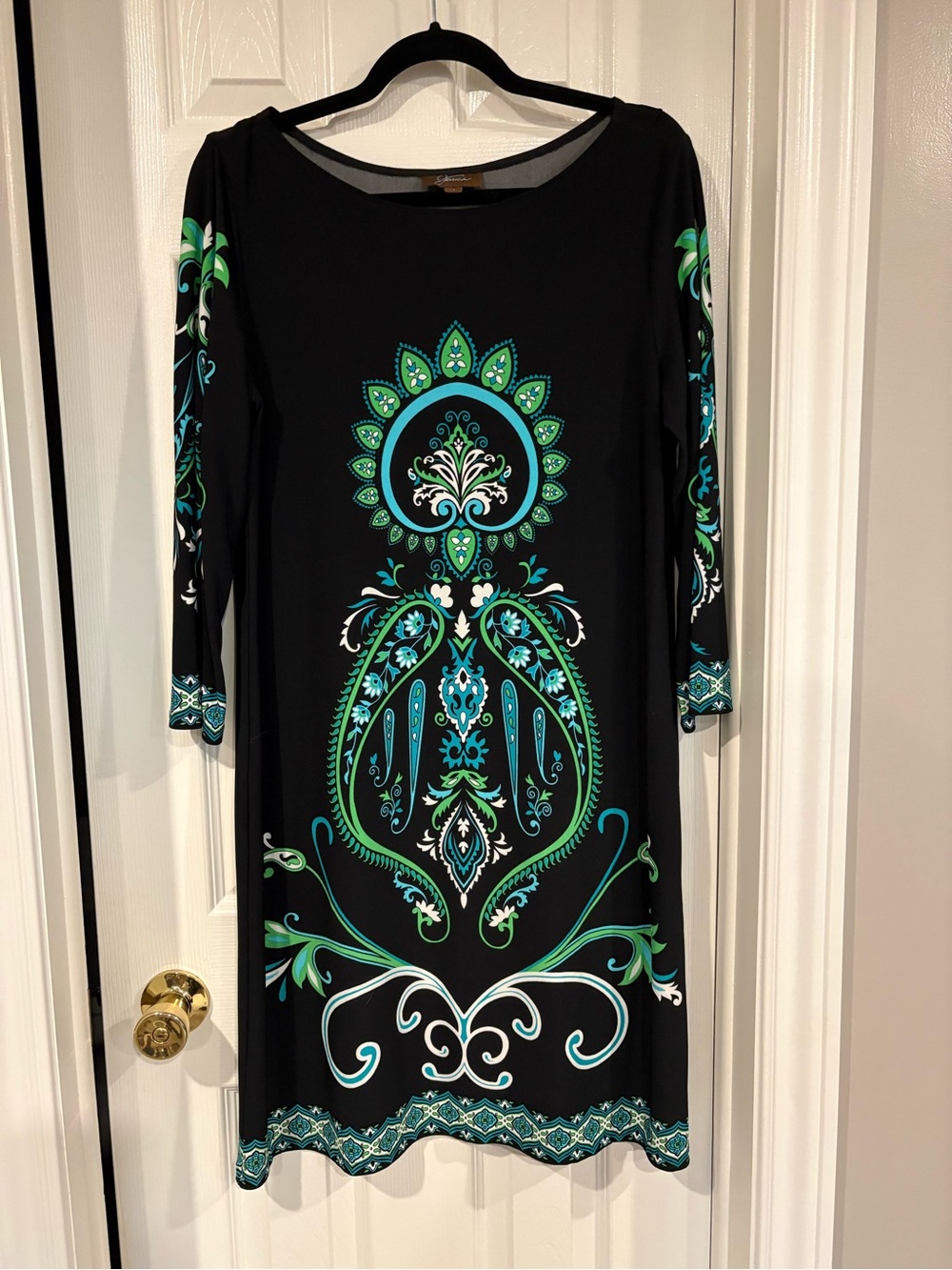 Jessica Black Long Sleeve Dress with Teal & Green Medallion Print
